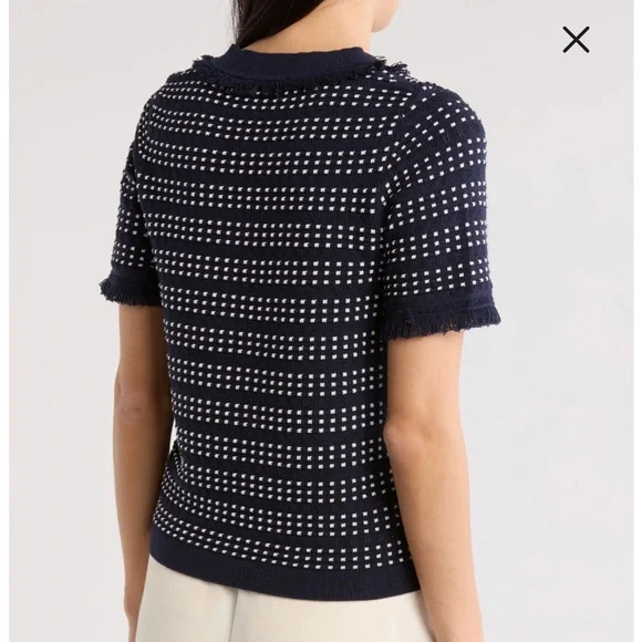 Adrianna Papell Navy and White V-Neck Sweater with fringe Size Large - Picture 2 of 10